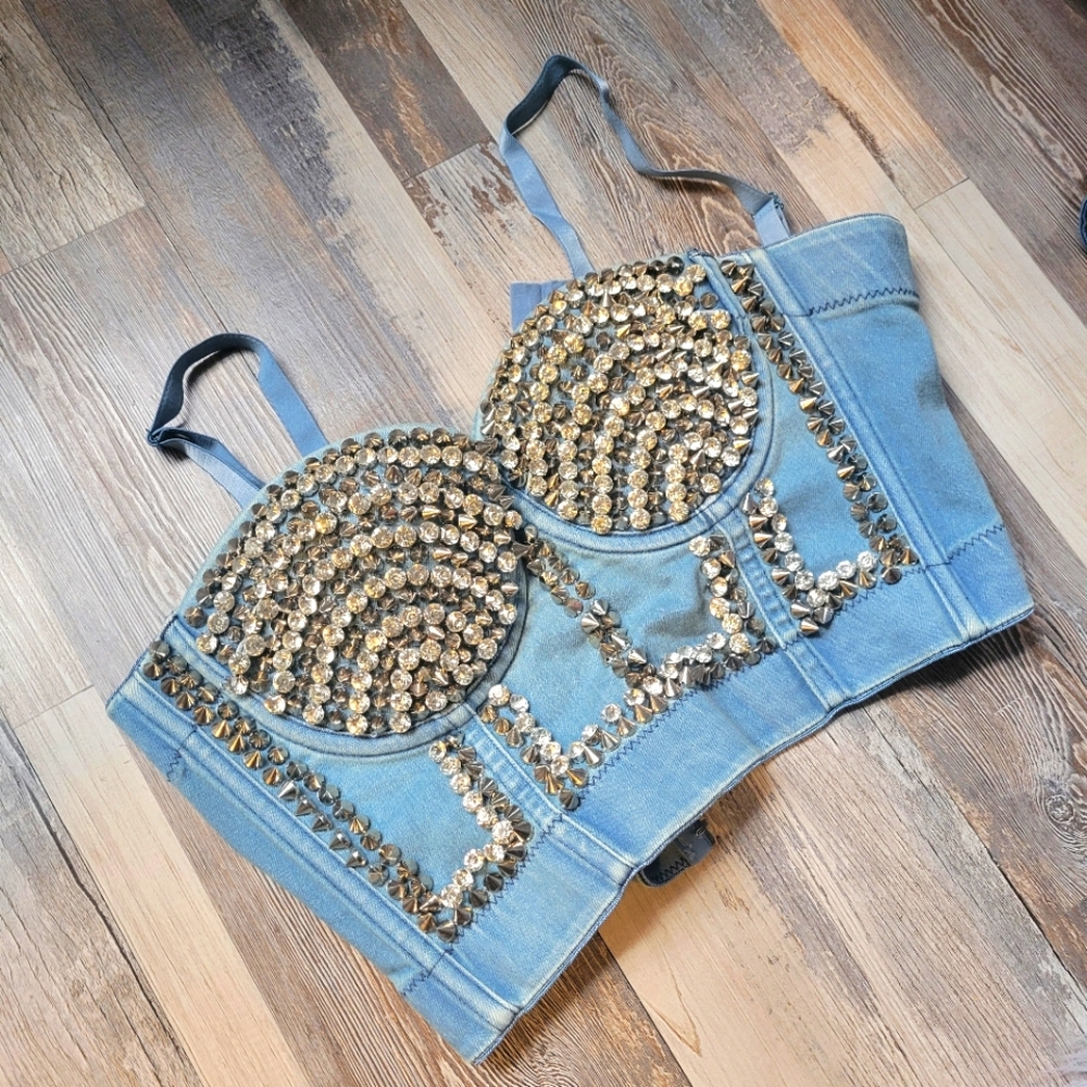 Sexy Akira Studded Bedazzeled Denim Festival Bustiee Corset S